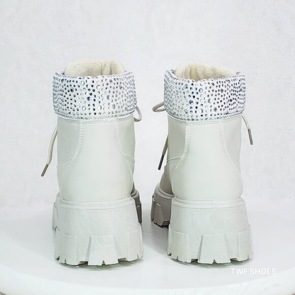 Teck Off White Combat Ankle Work Boots With Rhinestone Cuffs New - Picture 5 of 10